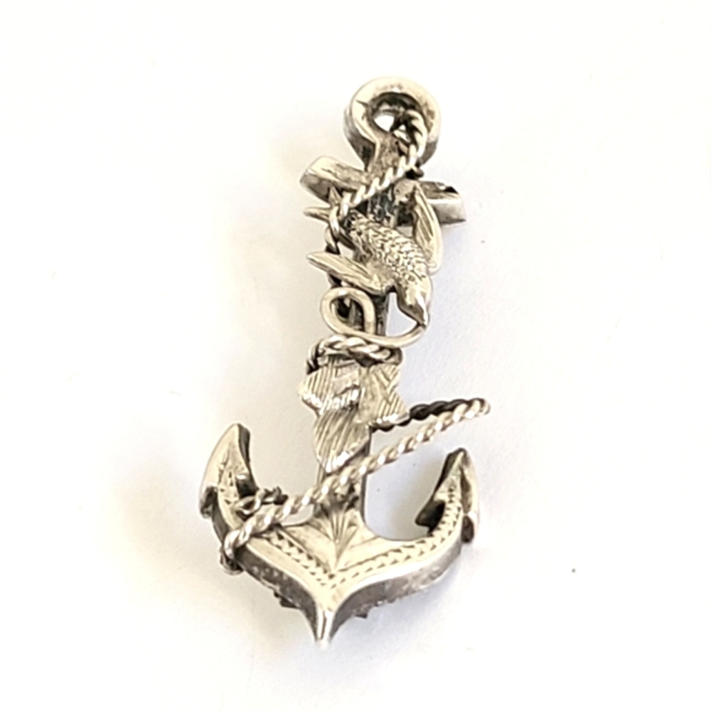 Antique Vintage Sterling Silver Anchor of Hope Fish Luck Brooch Pin